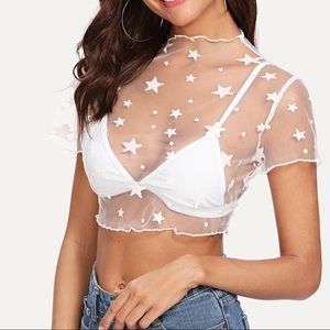 Mesh crop top with white star accent detail